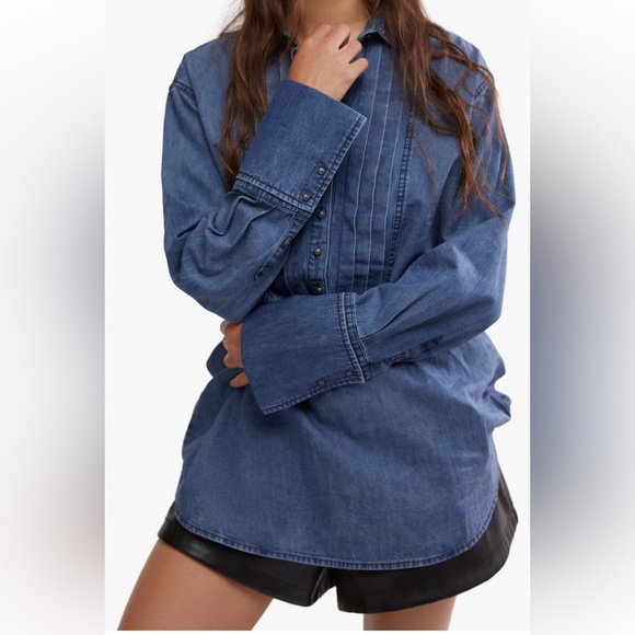 Free People Tops - Free People NWT After Hours French Cuffed Pleated Cotton Denim Top medium
